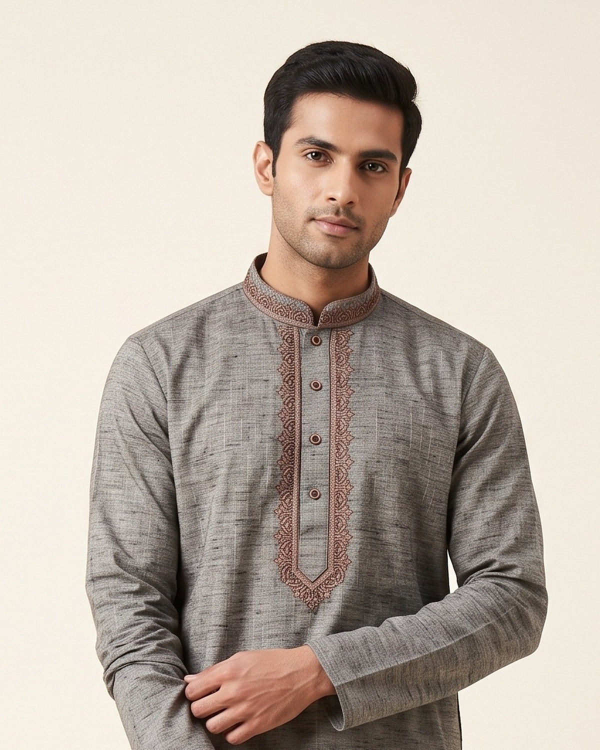 Charcoal Grey kurta pajama set for men, collar and placket close-up