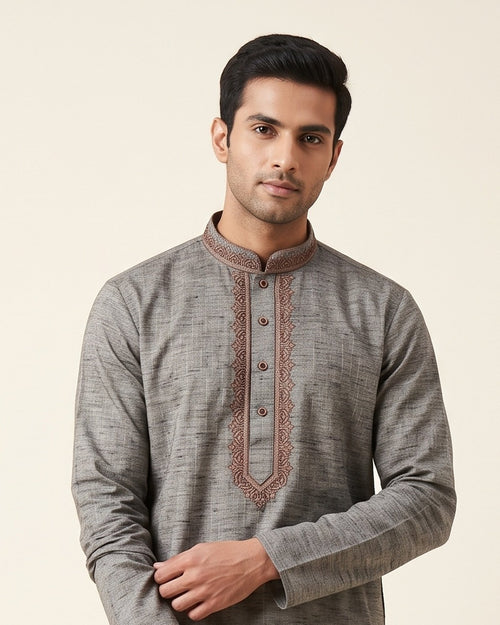 Charcoal Grey kurta pajama set for men, collar and placket close-up
