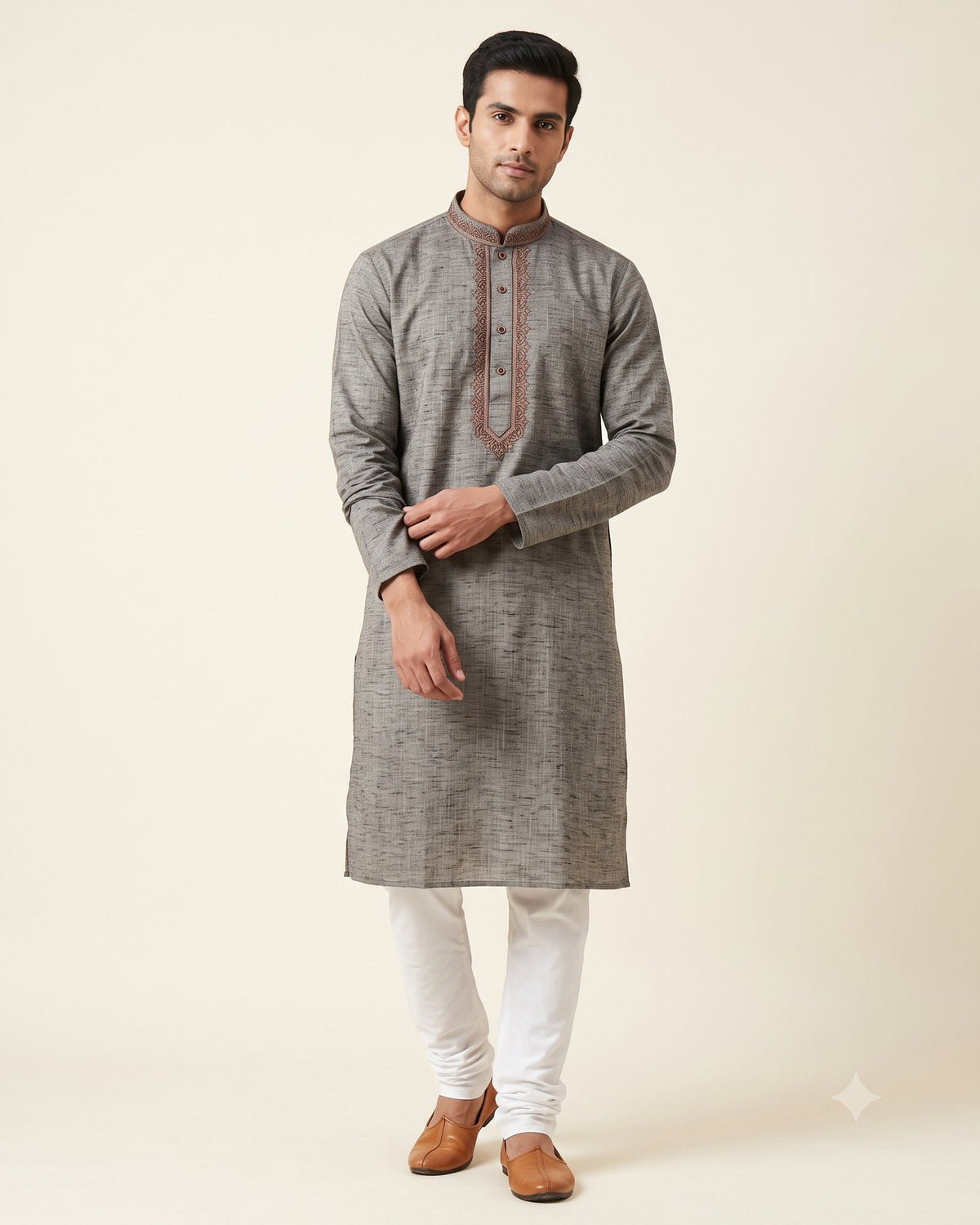 Charcoal Grey kurta pajama set for men, front view, full length
