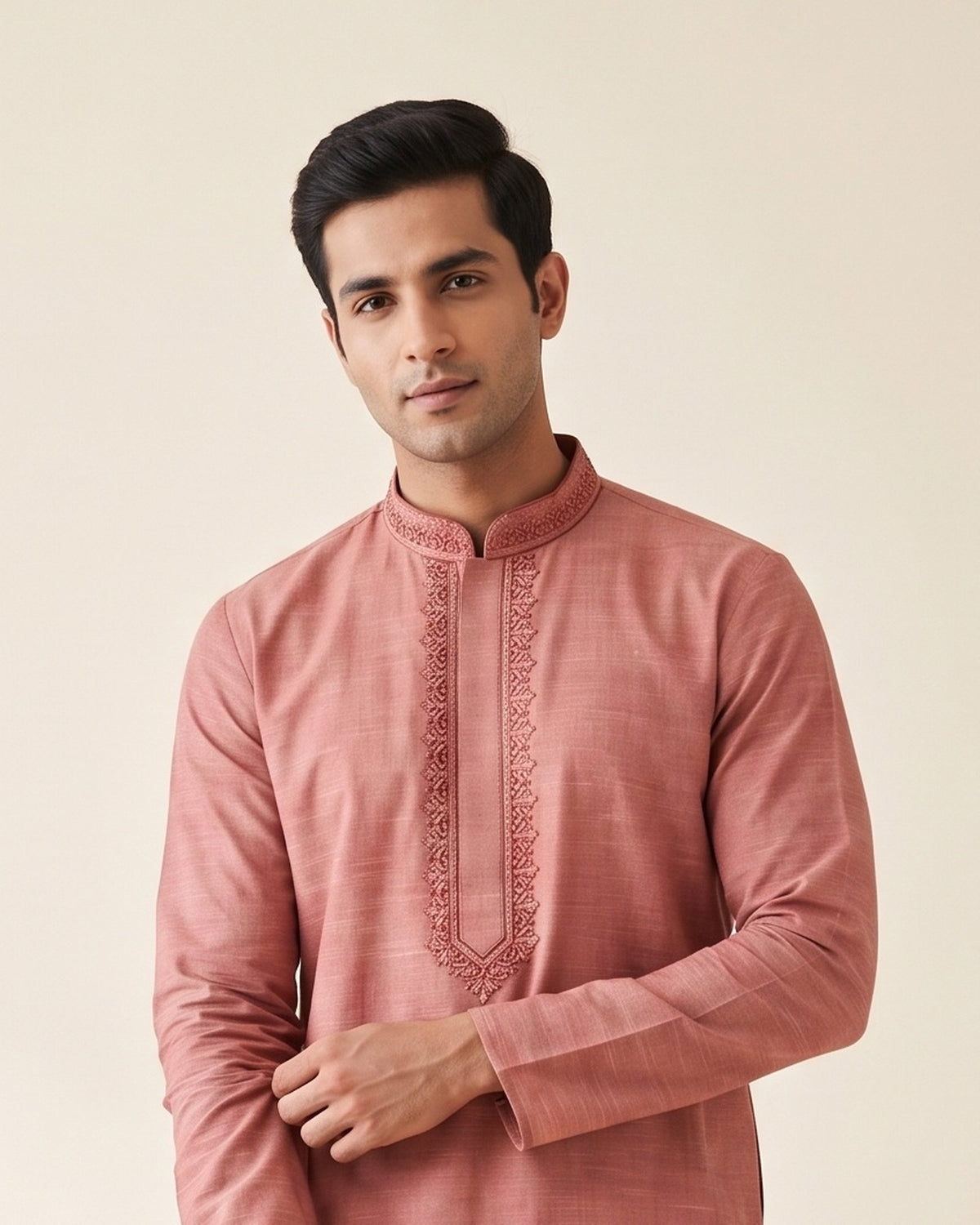 Dusty Rose Terracotta kurta pajama set for men, collar and placket close-up