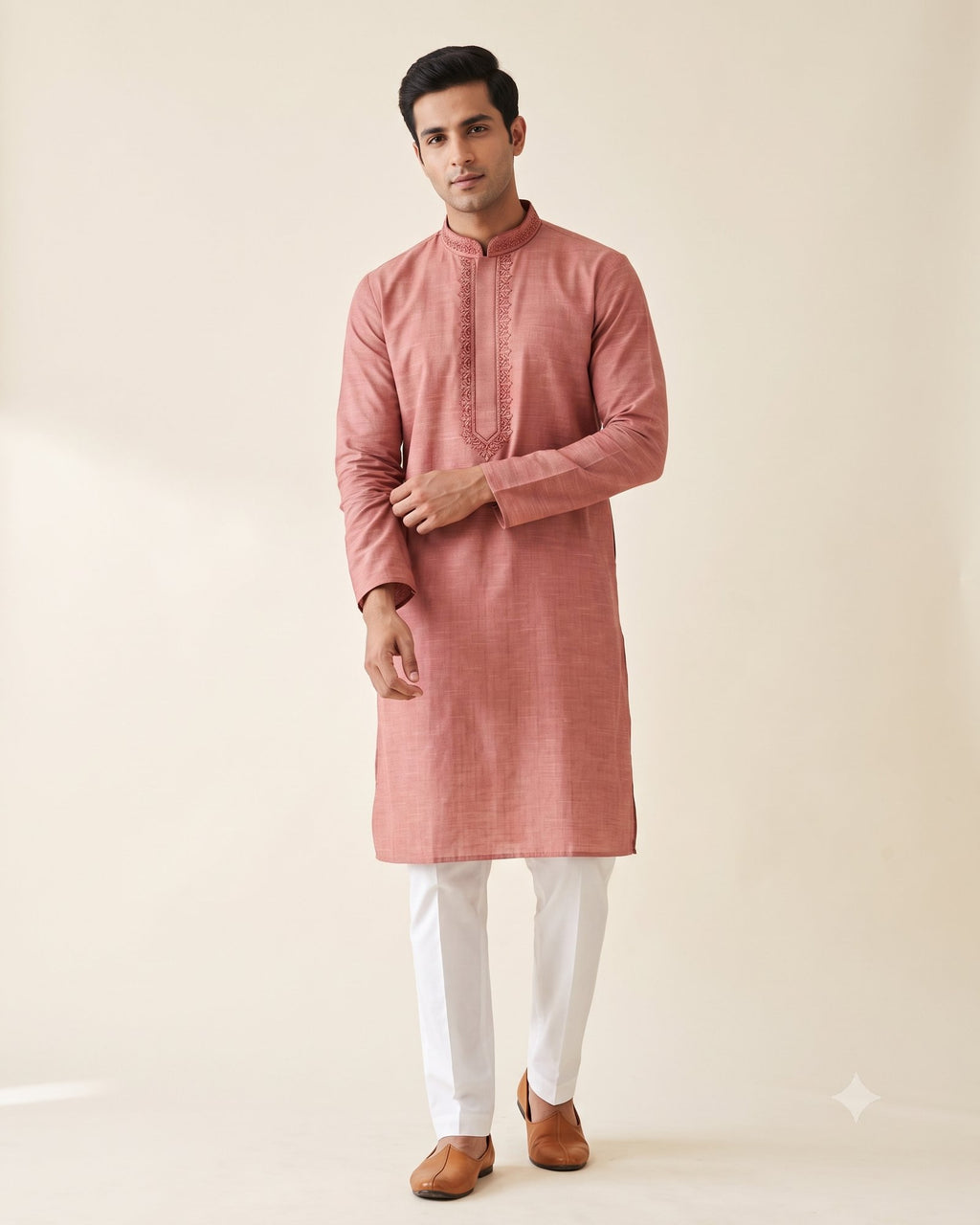 Dusty Rose Terracotta kurta pajama set for men, front view, full length