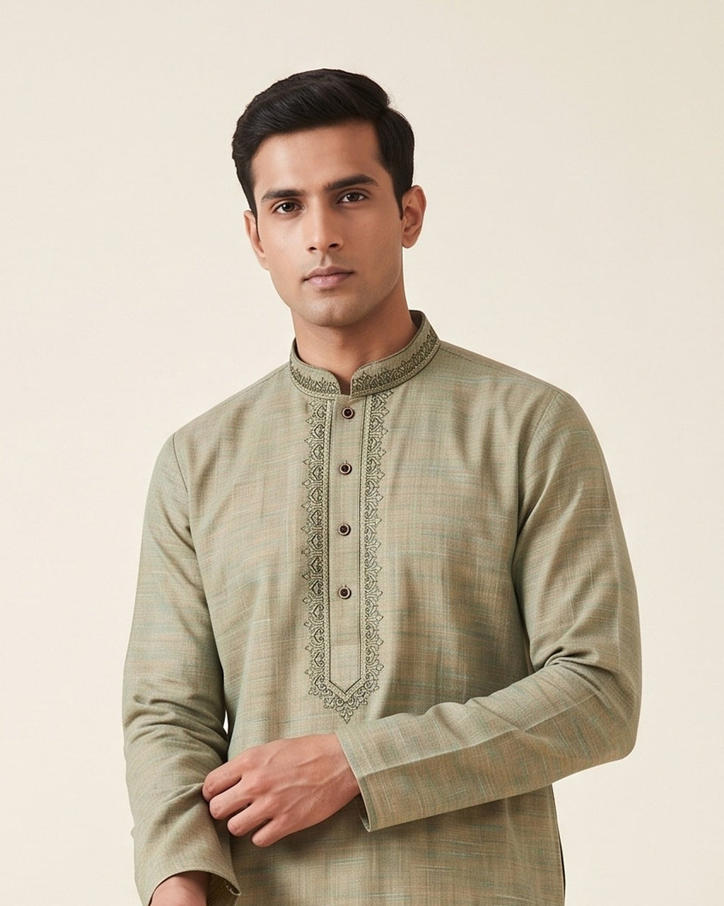 Sage Sand Melange kurta pajama set for men, collar and placket close-up