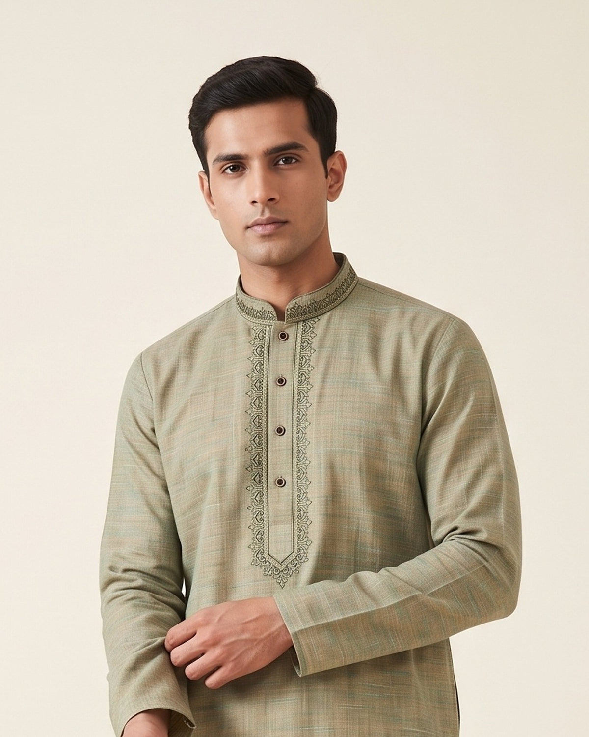 Sage Sand Melange kurta pajama set for men, collar and placket close-up