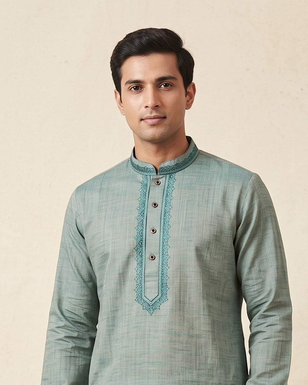 Sage Grey Seafoam kurta pajama set for men, collar and placket close-up