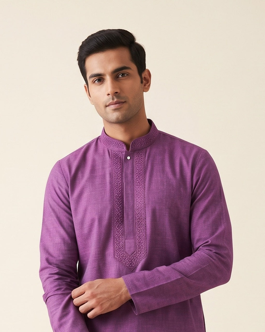 Purple Magenta kurta pajama set for men, collar and placket close-up