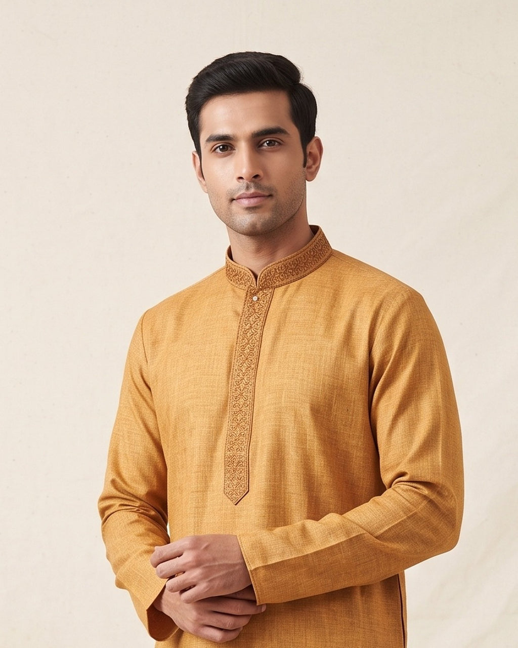 Golden Mustard kurta pajama set for men, collar and placket close-up