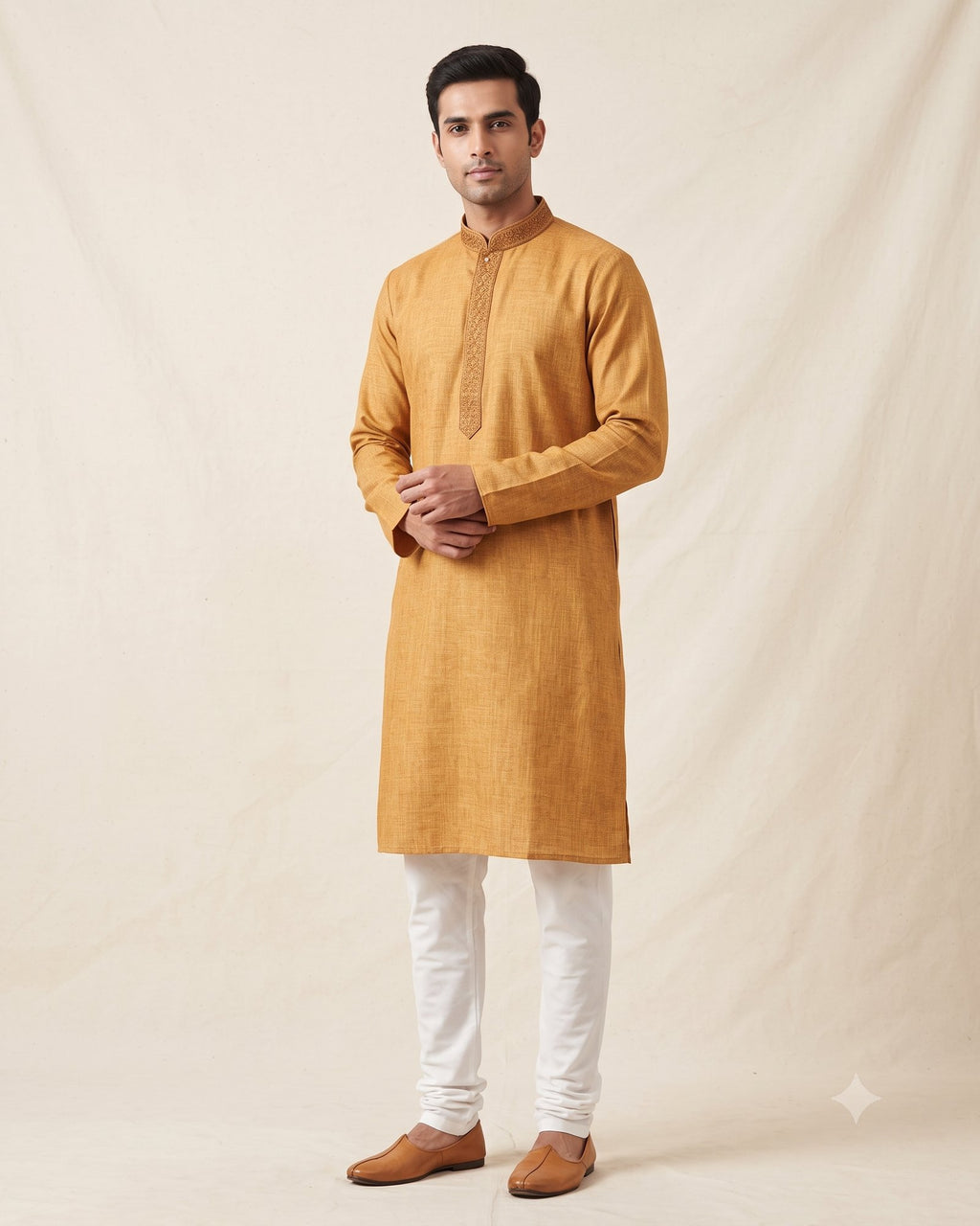 Golden Mustard kurta pajama set for men, front view, full length