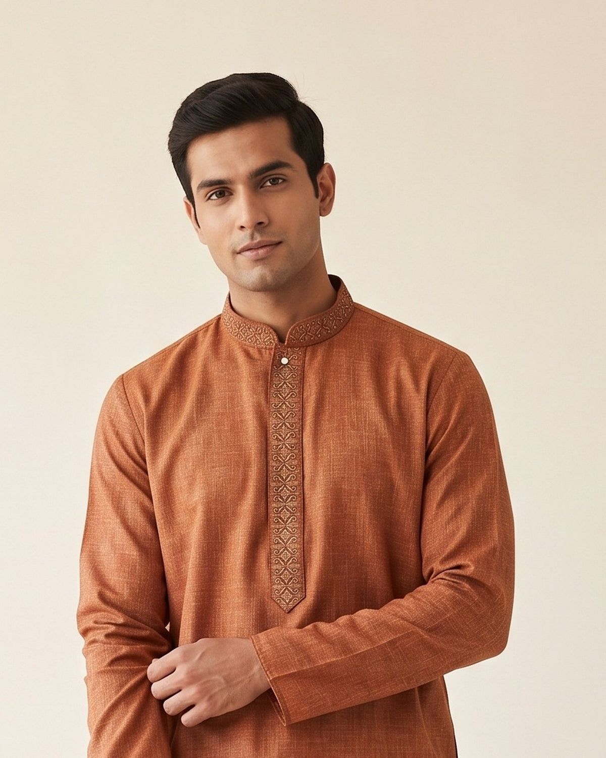 Rust Terracotta kurta pajama set for men, collar and placket close-up