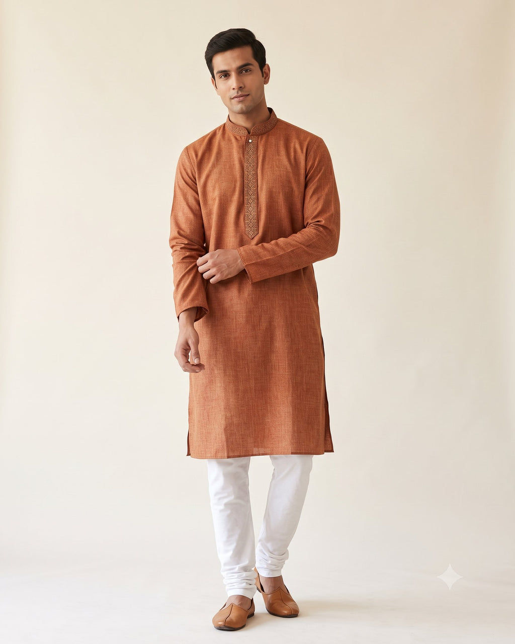 Rust Terracotta kurta pajama set for men, front view, full length