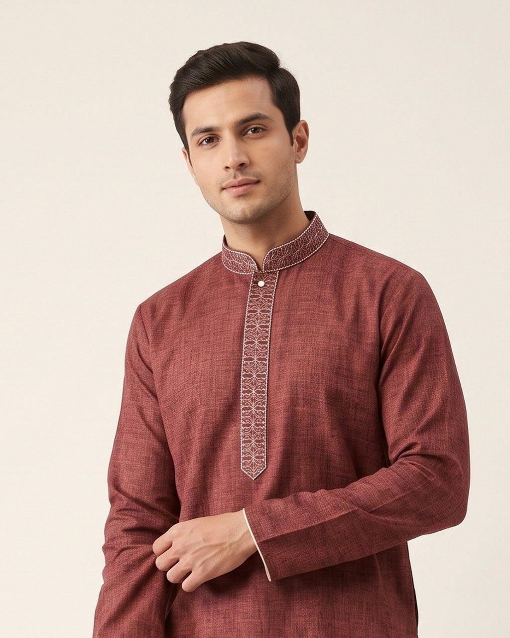 Deep Maroon kurta pajama set for men, collar and placket close-up