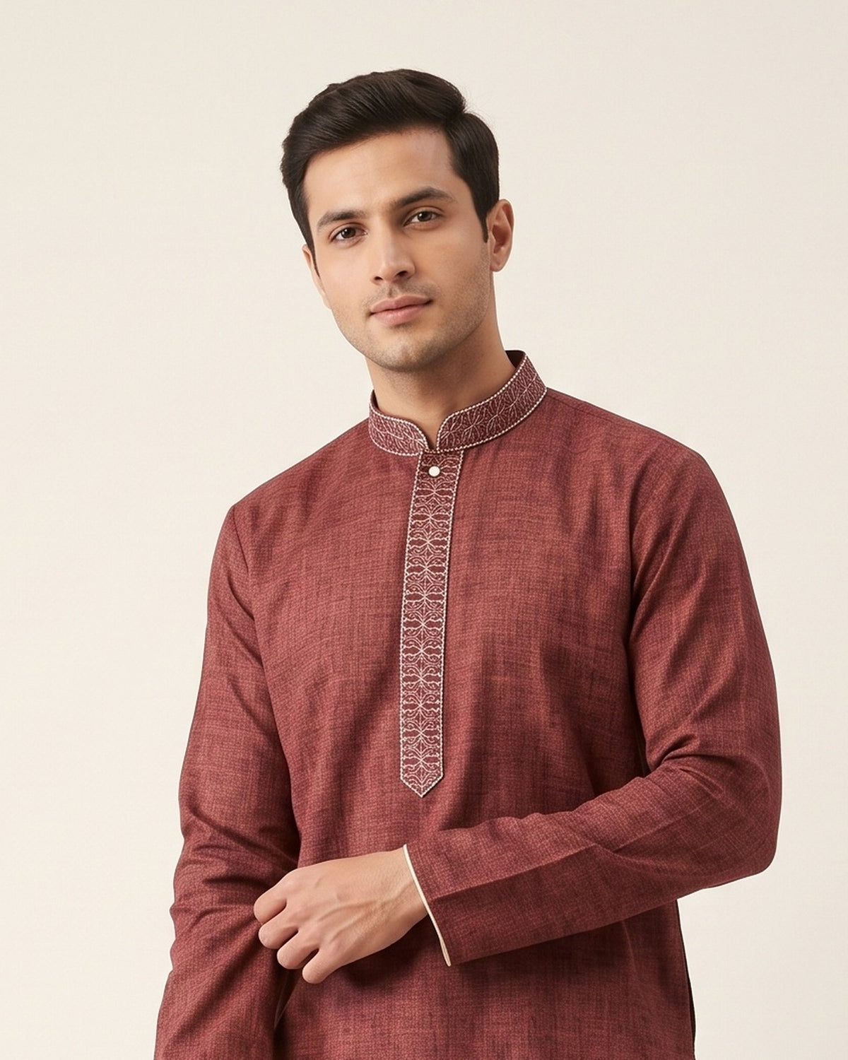 Deep Maroon kurta pajama set for men, collar and placket close-up