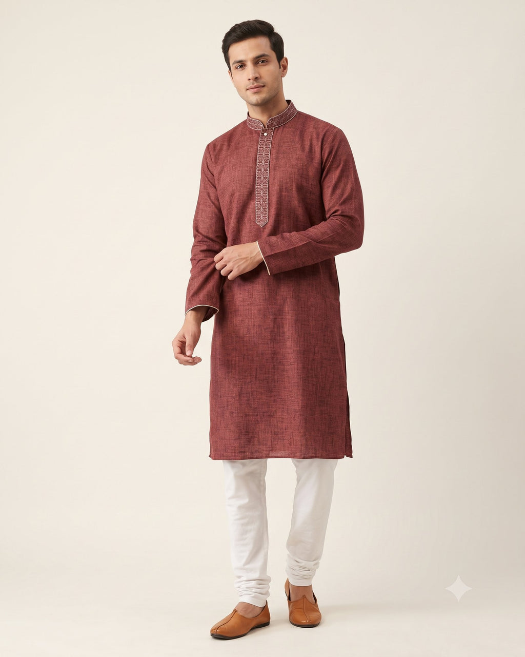 Deep Maroon kurta pajama set for men, front view, full length