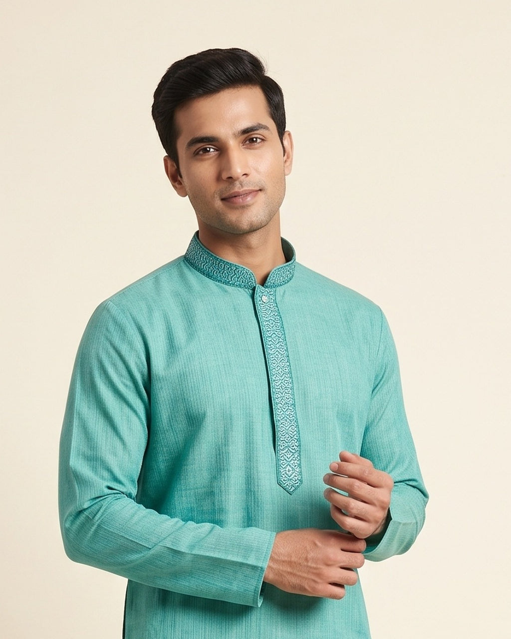 Sea Green Teal kurta pajama set for men, collar and placket close-up