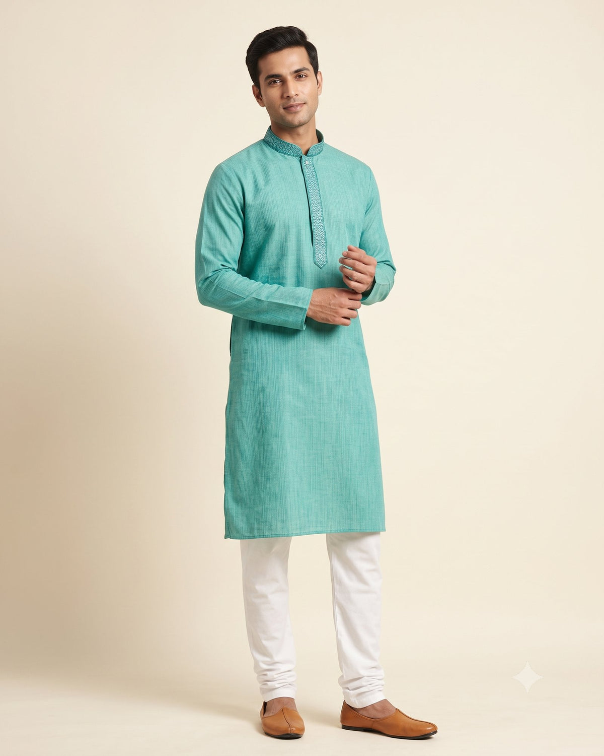 Sea Green Teal kurta pajama set for men, front view, full length