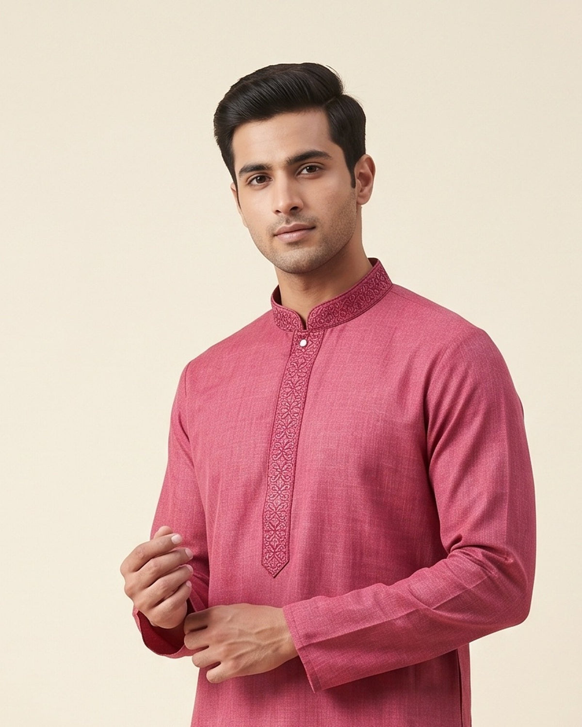 Deep Rose Raspberry kurta pajama set for men, collar and placket close-up