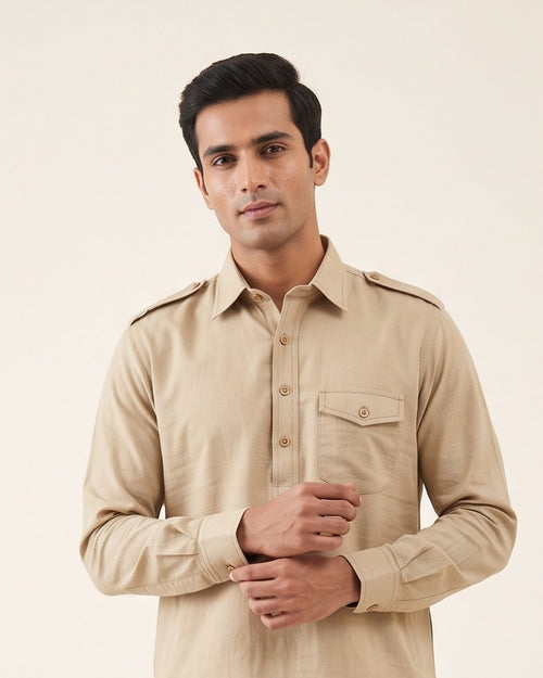 Beige Tan kurta pajama set for men, collar and placket close-up