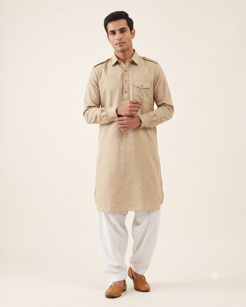 Beige Tan kurta pajama set for men, front view, full length