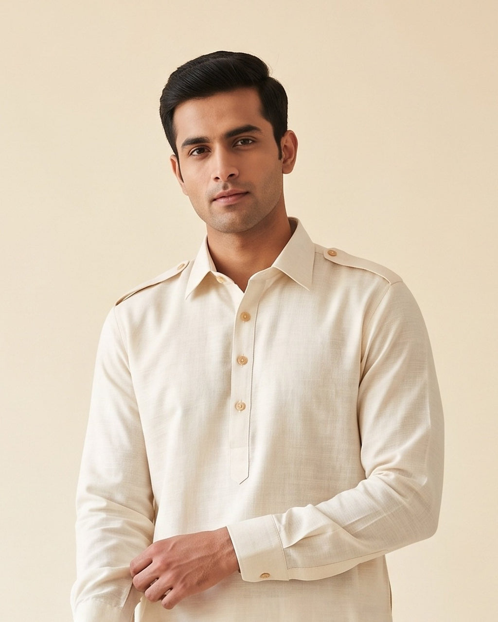 Ivory kurta pajama set for men, collar and placket close-up