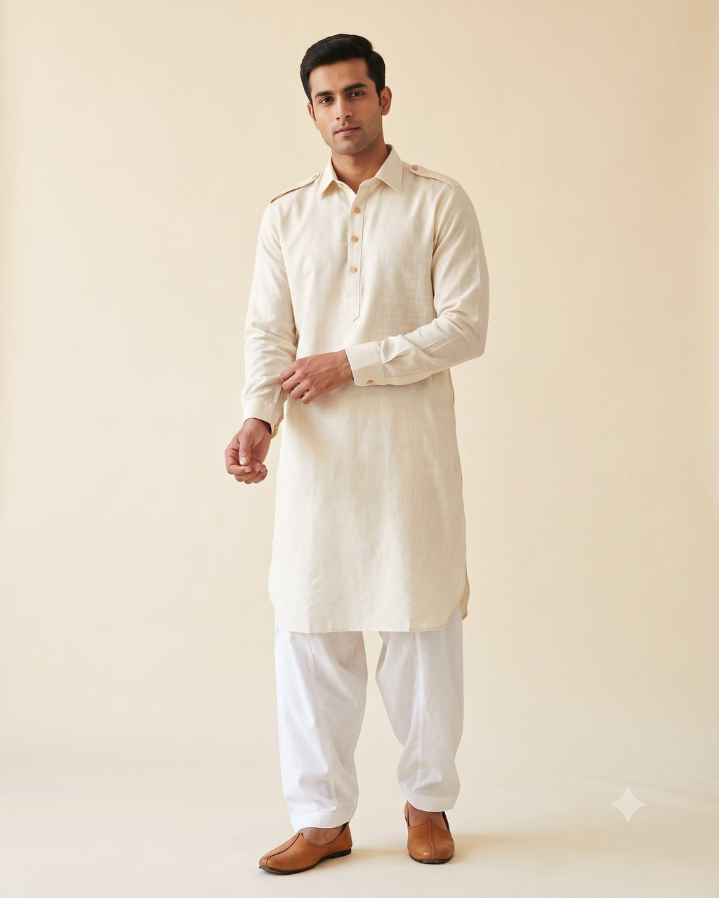 Ivory kurta pajama set for men, front view, full length