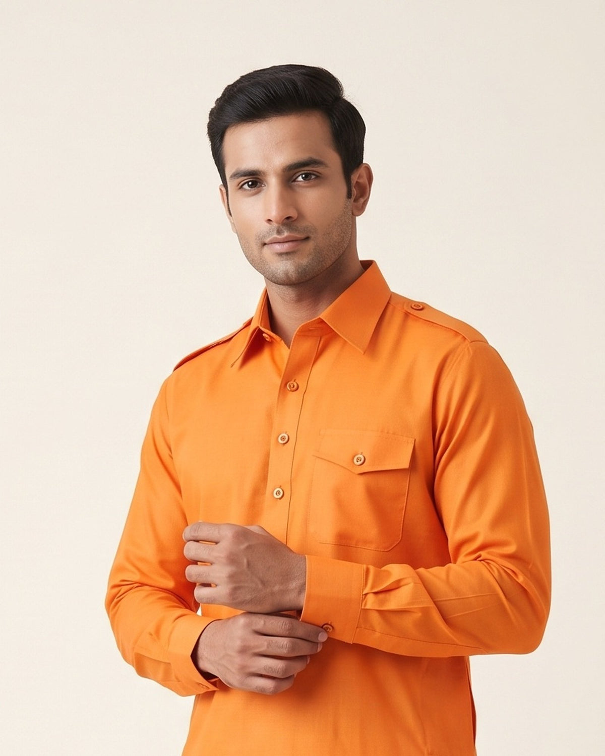 Vivid Orange kurta pajama set for men, collar and placket close-up