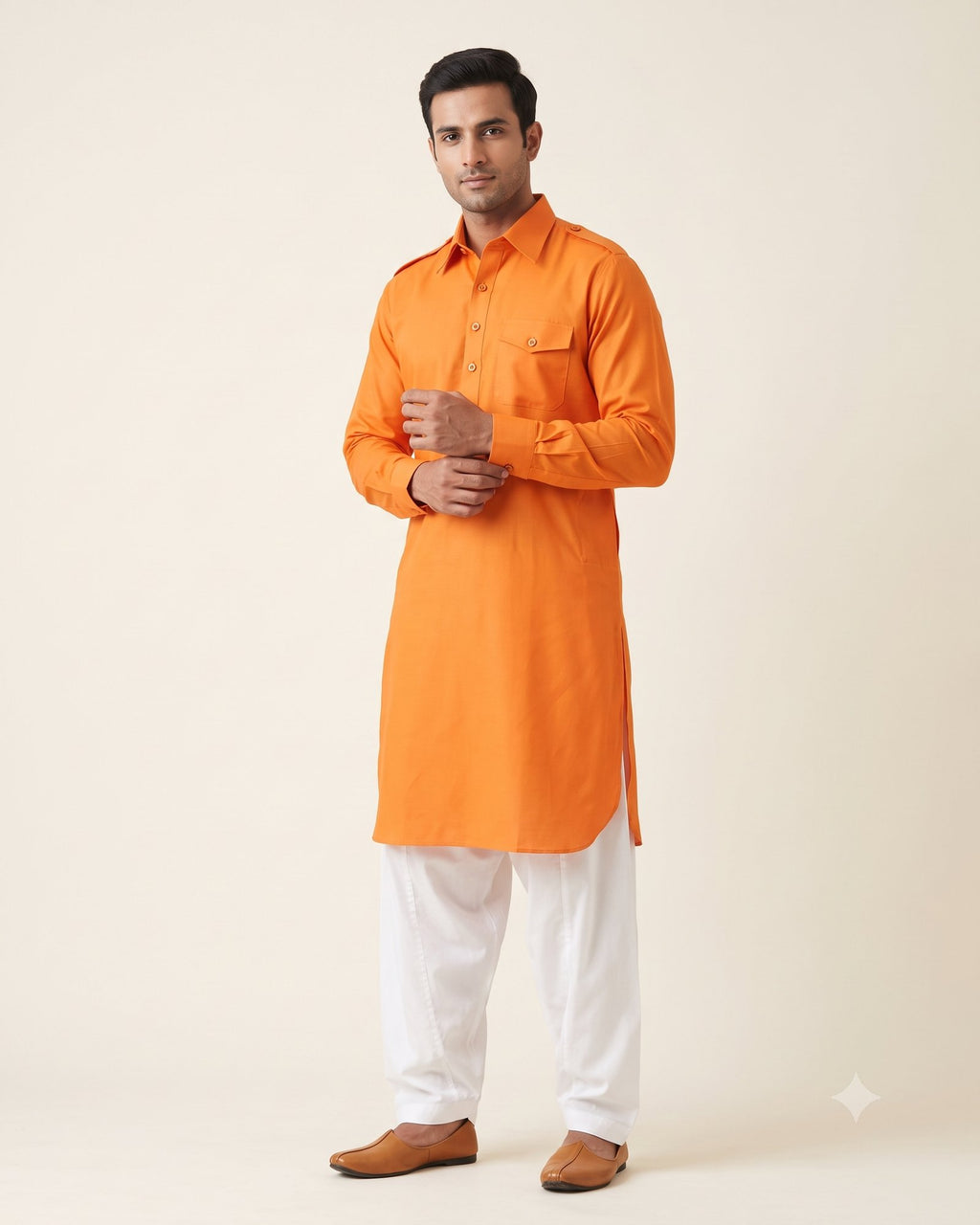 Vivid Orange kurta pajama set for men, front view, full length