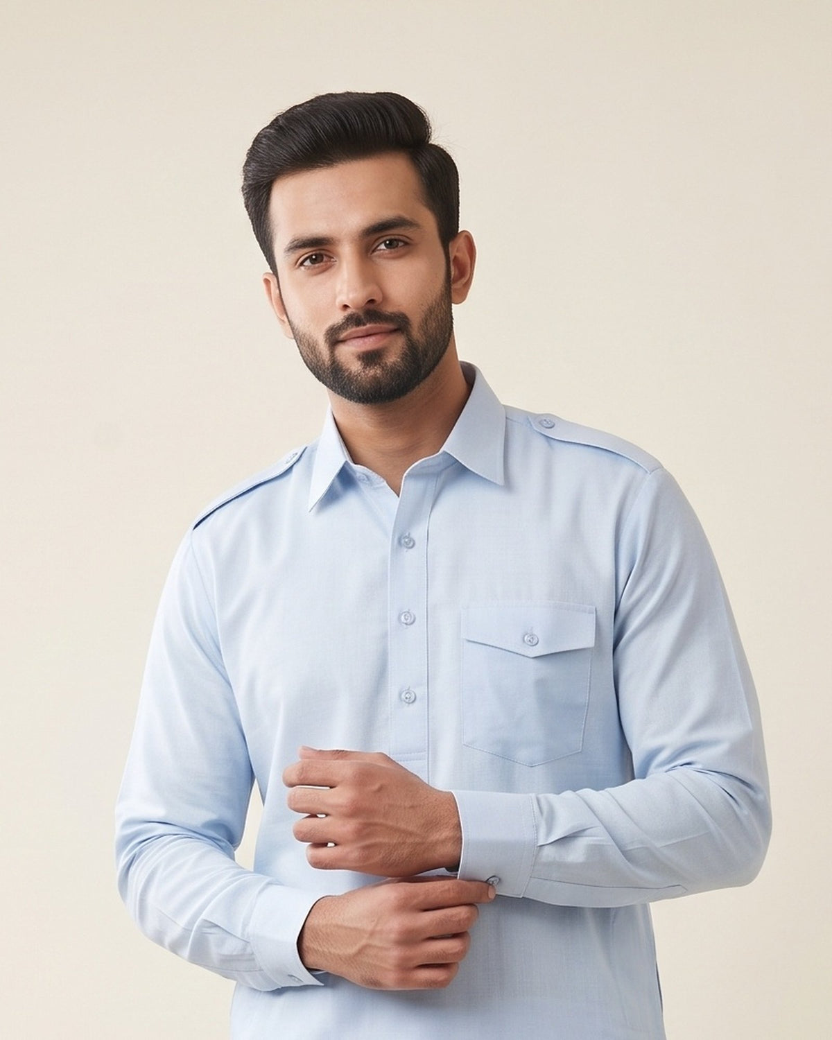 Powder Blue kurta pajama set for men, collar and placket close-up