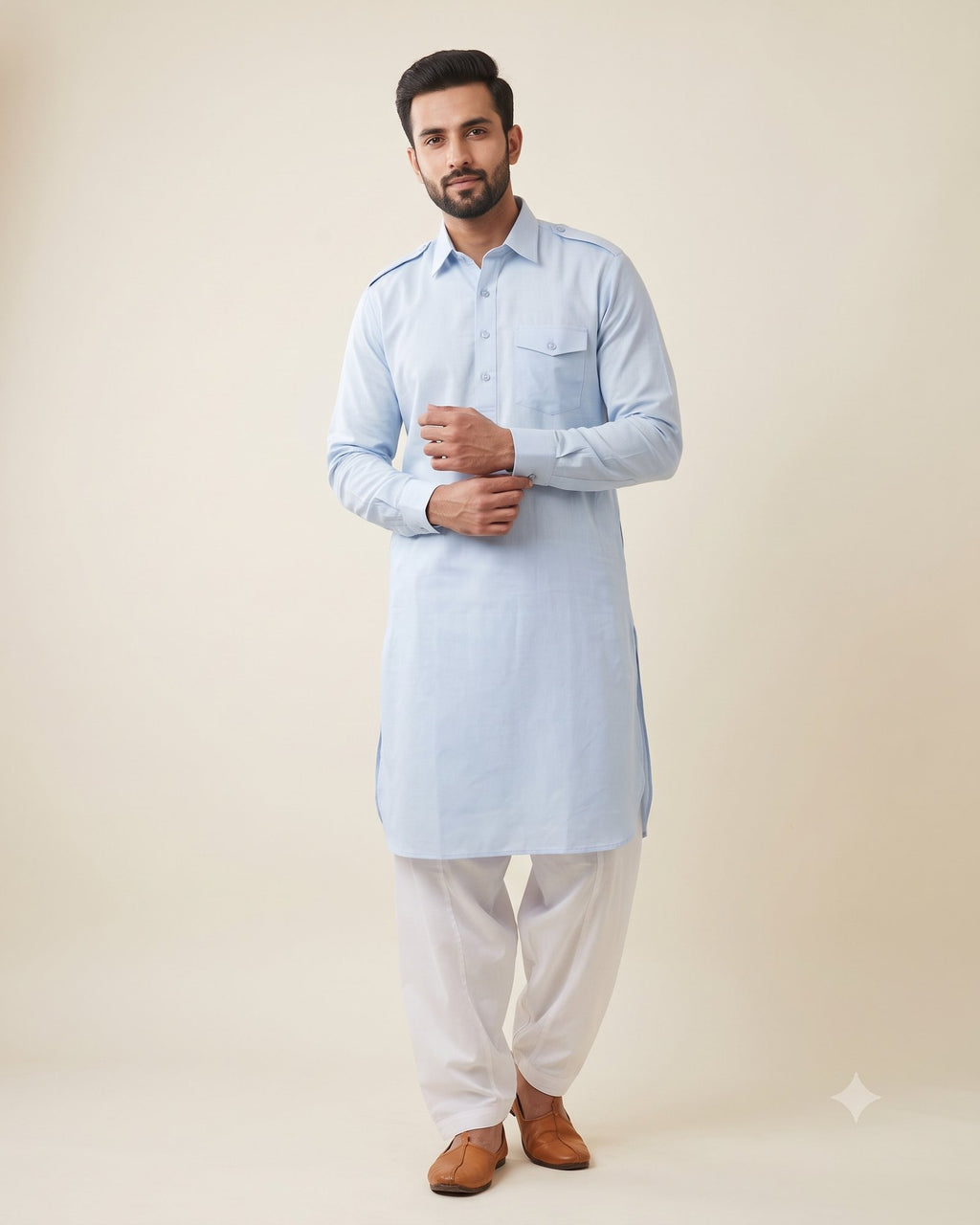 Powder Blue kurta pajama set for men, front view, full length