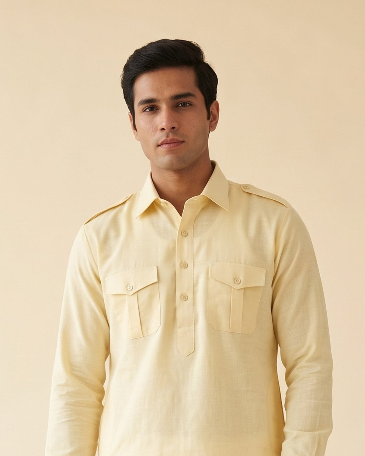 Pale Yellow kurta pajama set for men, collar and placket close-up