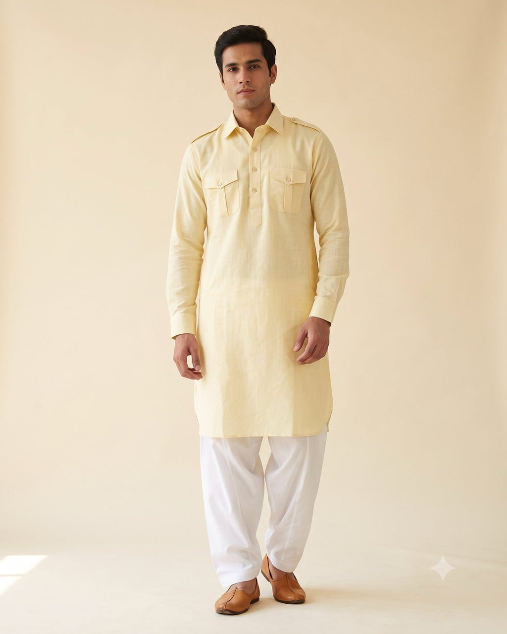 Pale Yellow kurta pajama set for men, front view, full length