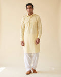 Pale Yellow kurta pajama set for men, front view, full length