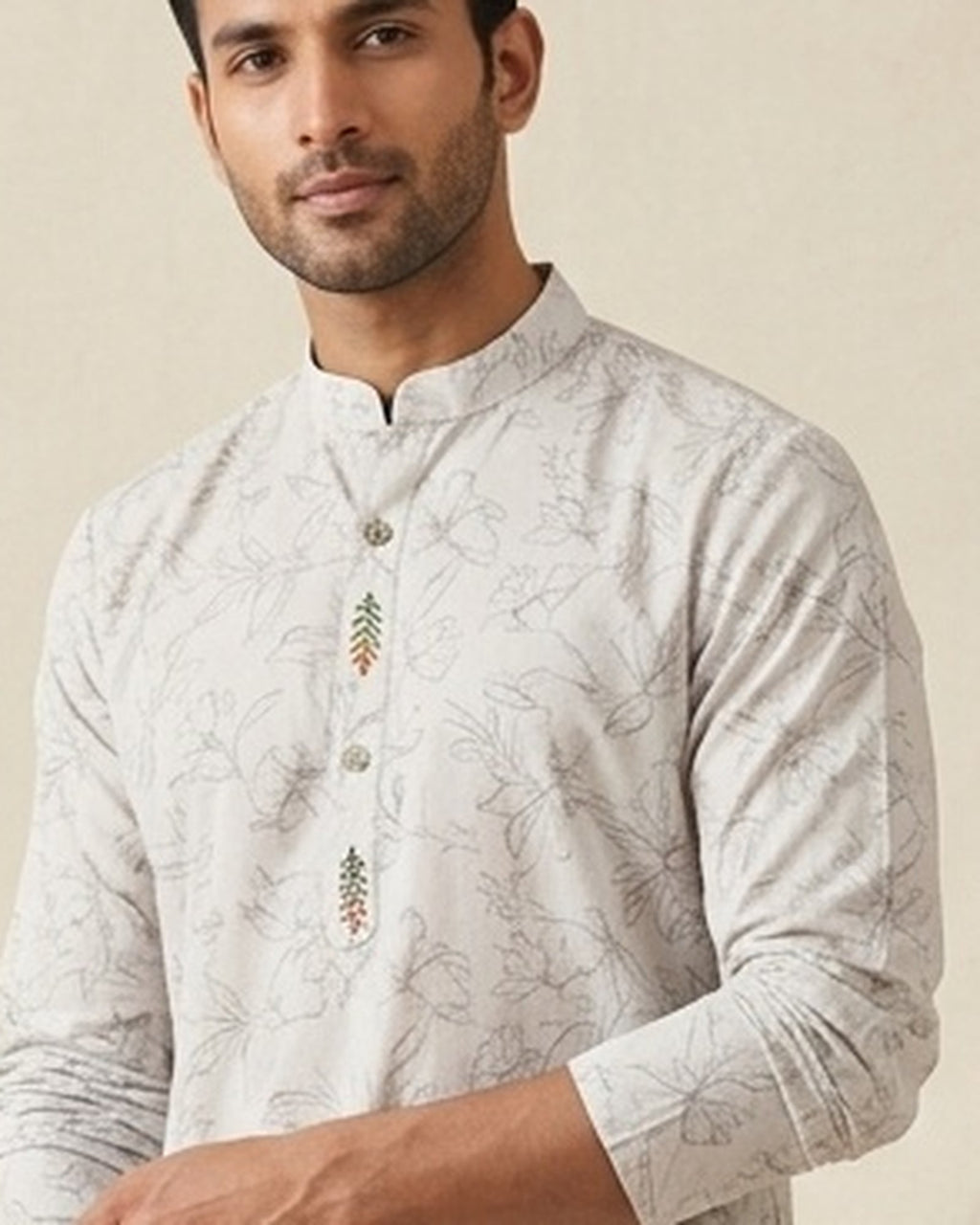 Sage green kurta for men, collar and placket close-up