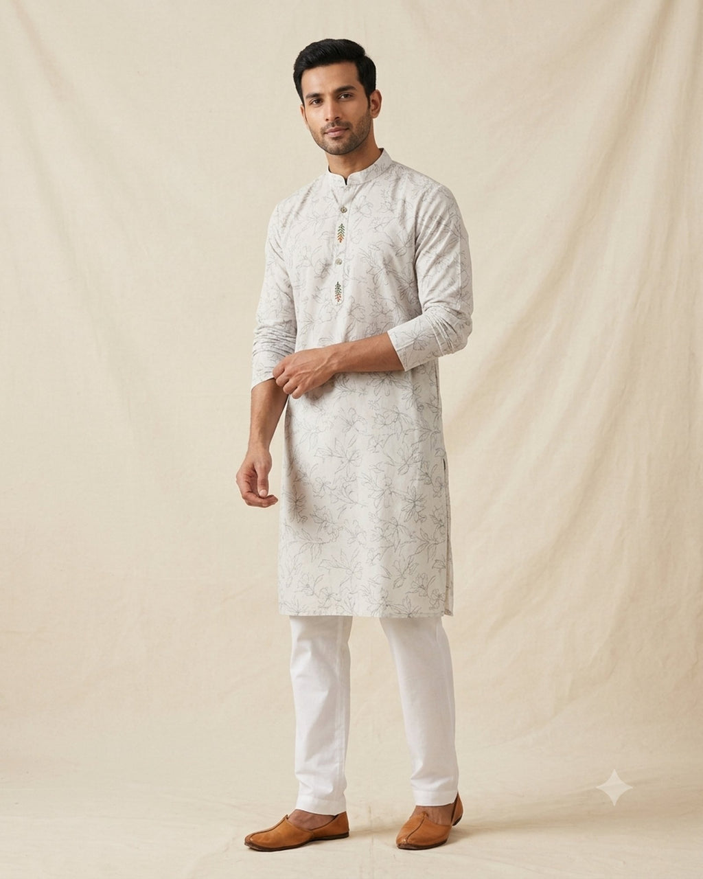 Sage green kurta for men, front view, full length