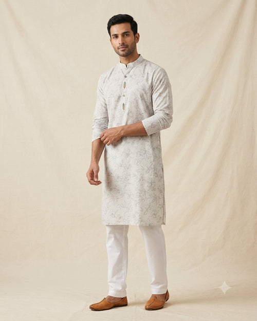 Sage green kurta for men, front view, full length
