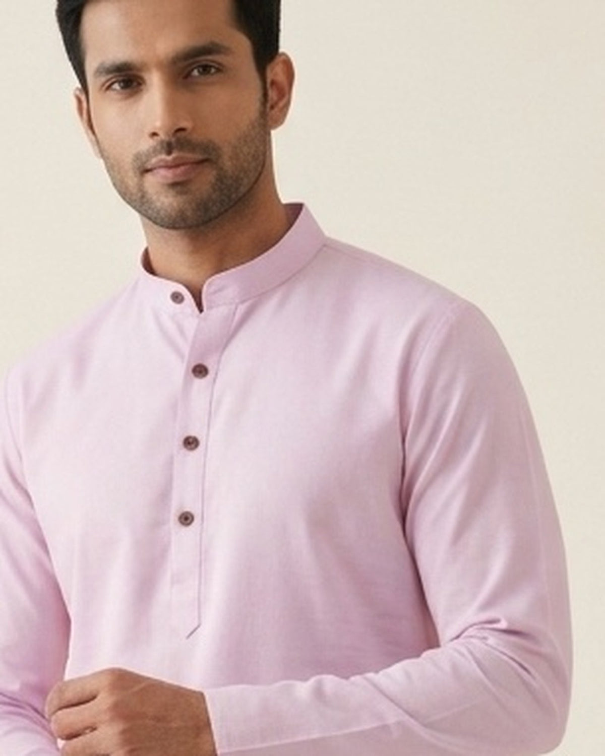 Blush pink kurta for men, collar and placket close-up