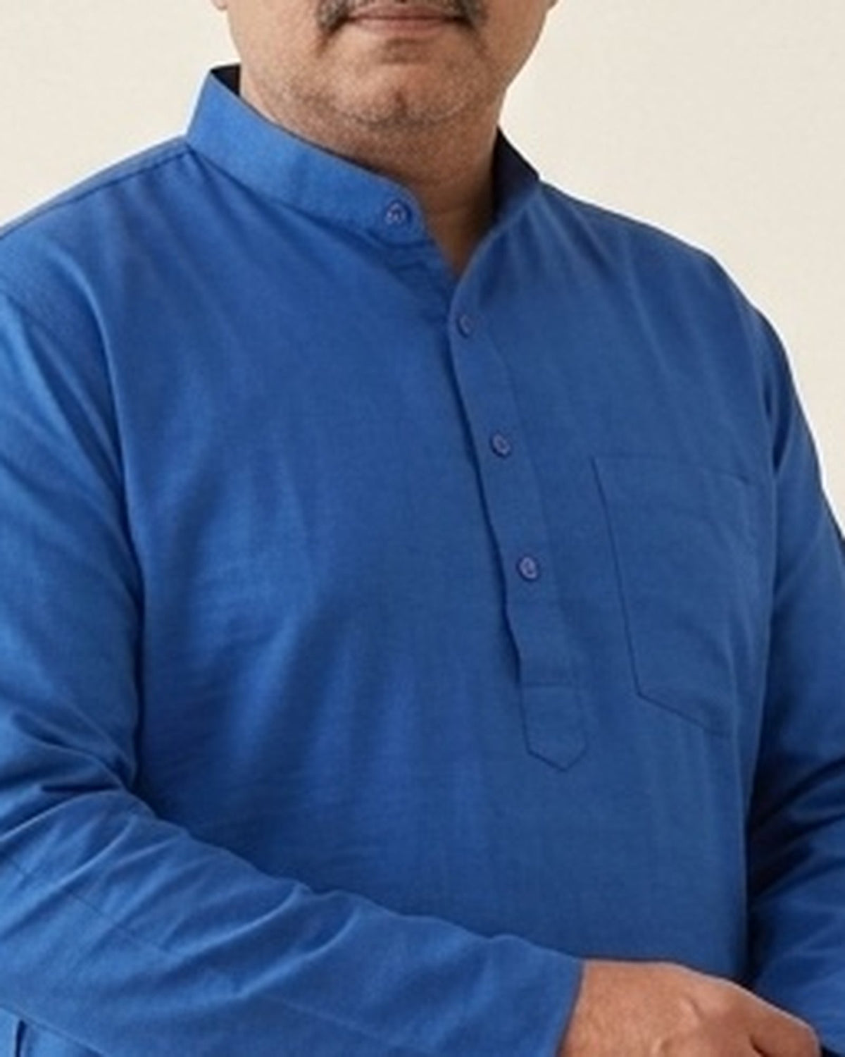Royal blue kurta for men, collar and placket close-up