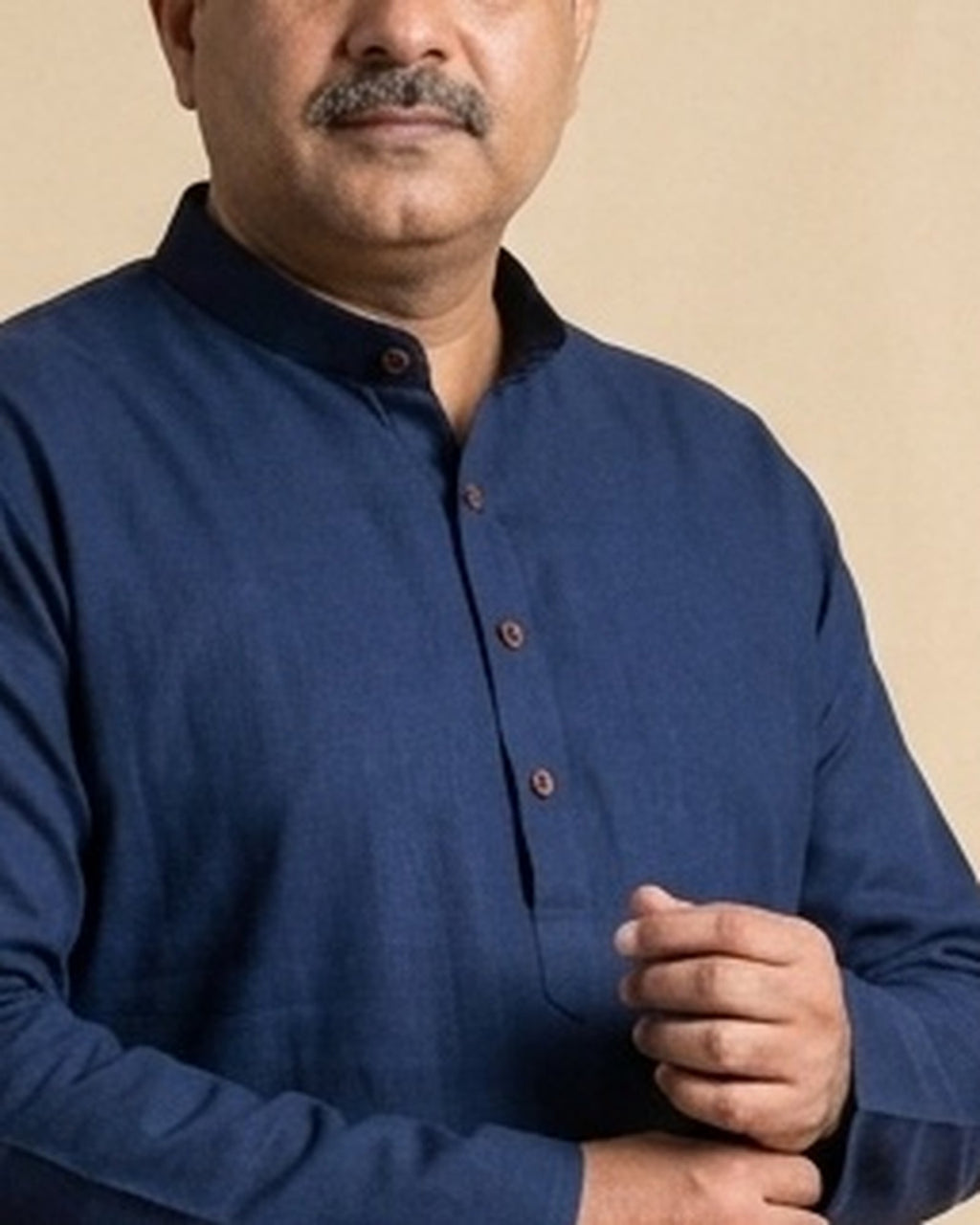 Navy blue kurta for men, collar and placket close-up