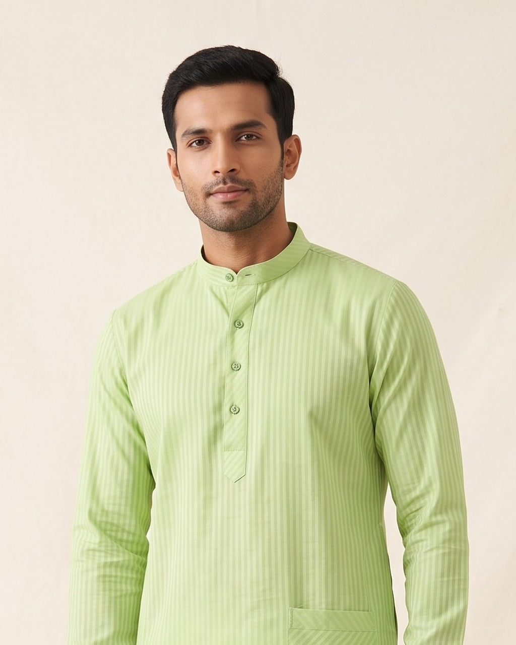 Lime Green Self-Stripe Kurta Pajama for Men - collar and placket detail