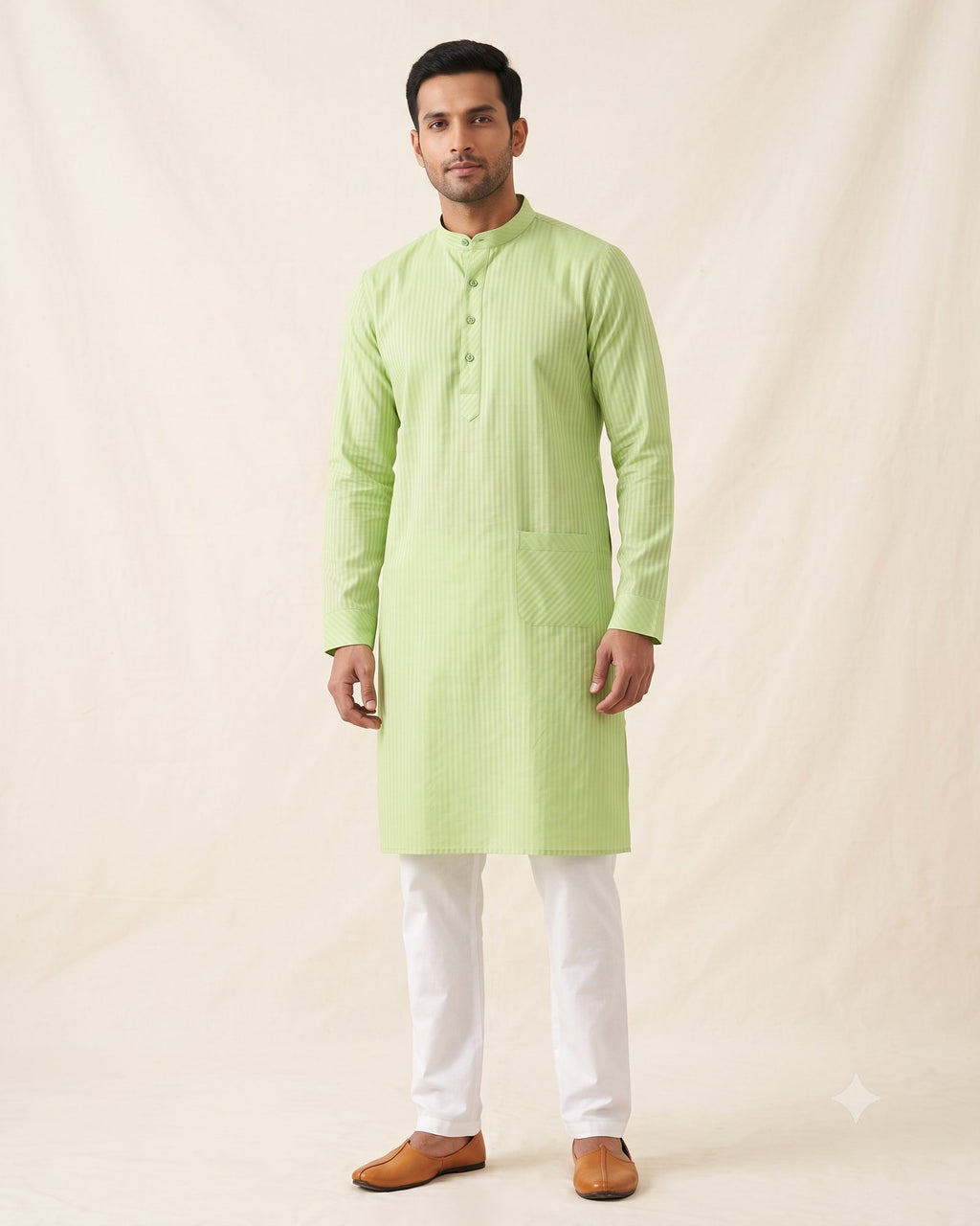 Lime Green Self-Stripe Kurta Pajama for Men - full length