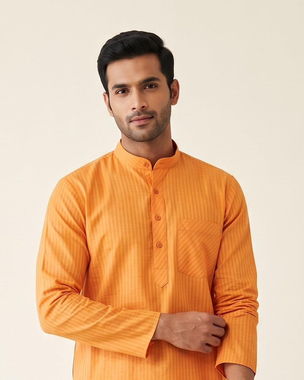 Marigold Orange Self-Stripe Kurta Pajama for Men - collar and placket detail