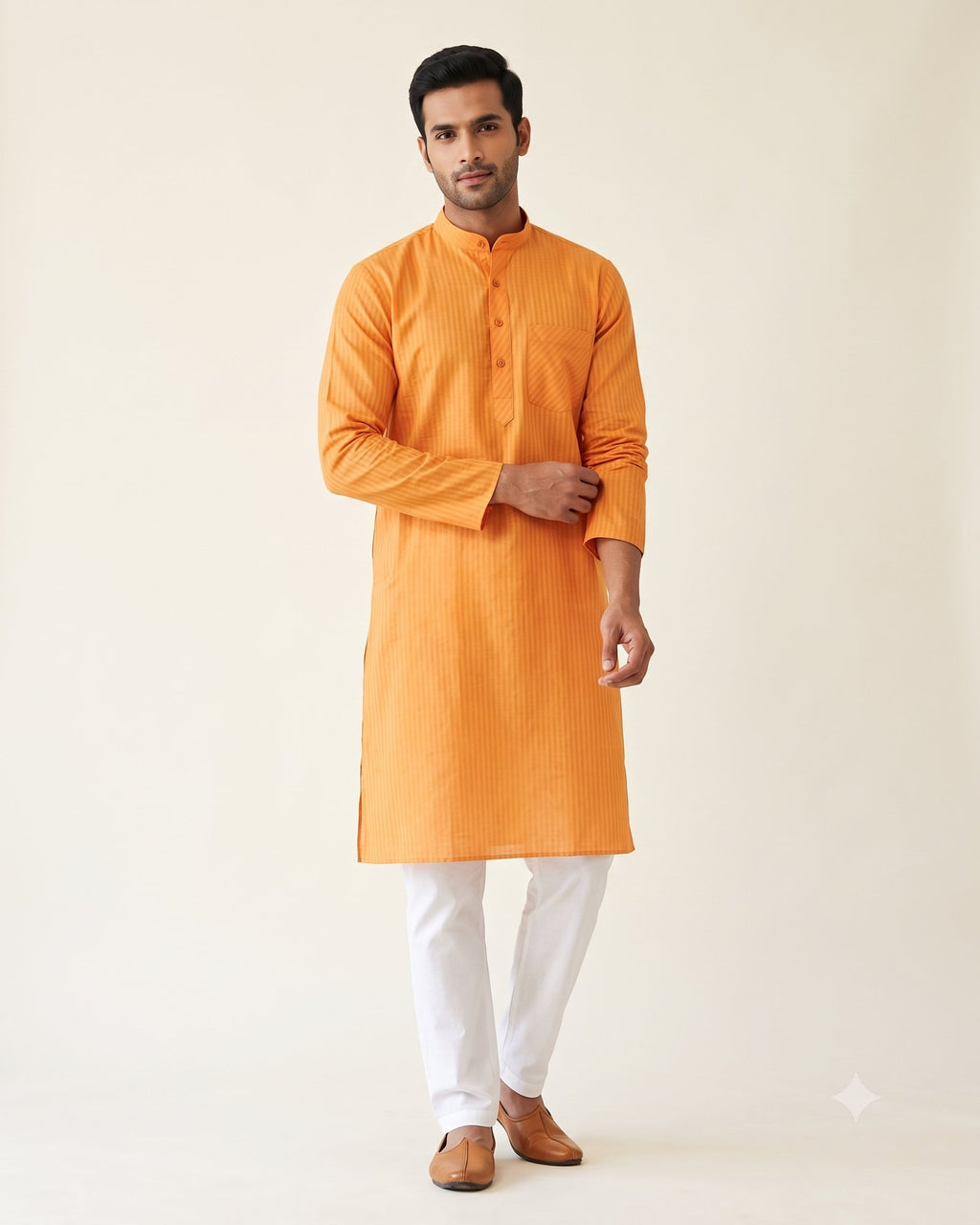 Marigold Orange Self-Stripe Kurta Pajama for Men - full length