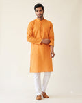 Marigold Orange Self-Stripe Kurta Pajama for Men - full length