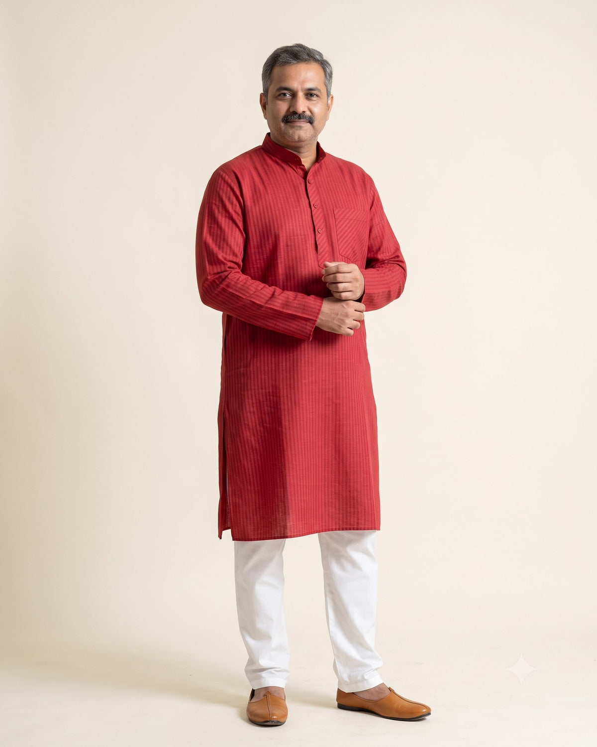 Deep Red Self-Stripe Kurta Pajama for Men - full length