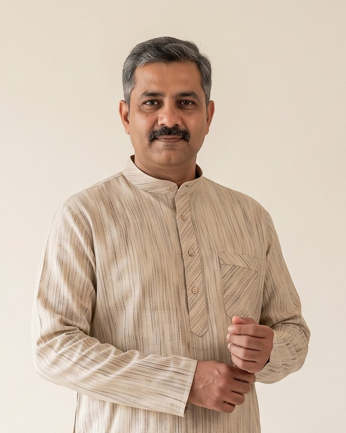 Ecru Khadi-Stripe Kurta Pajama for Men - collar and placket detail