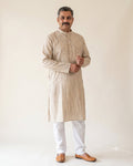 Ecru Khadi-Stripe Kurta Pajama for Men - full length