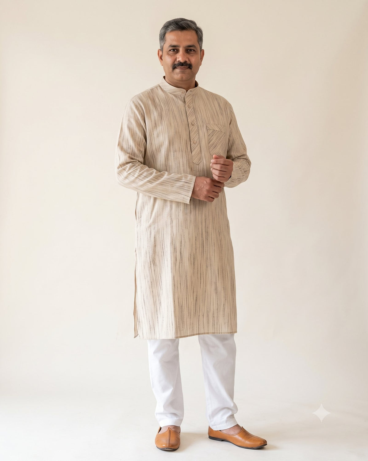 Ecru Khadi-Stripe Kurta Pajama for Men - full length