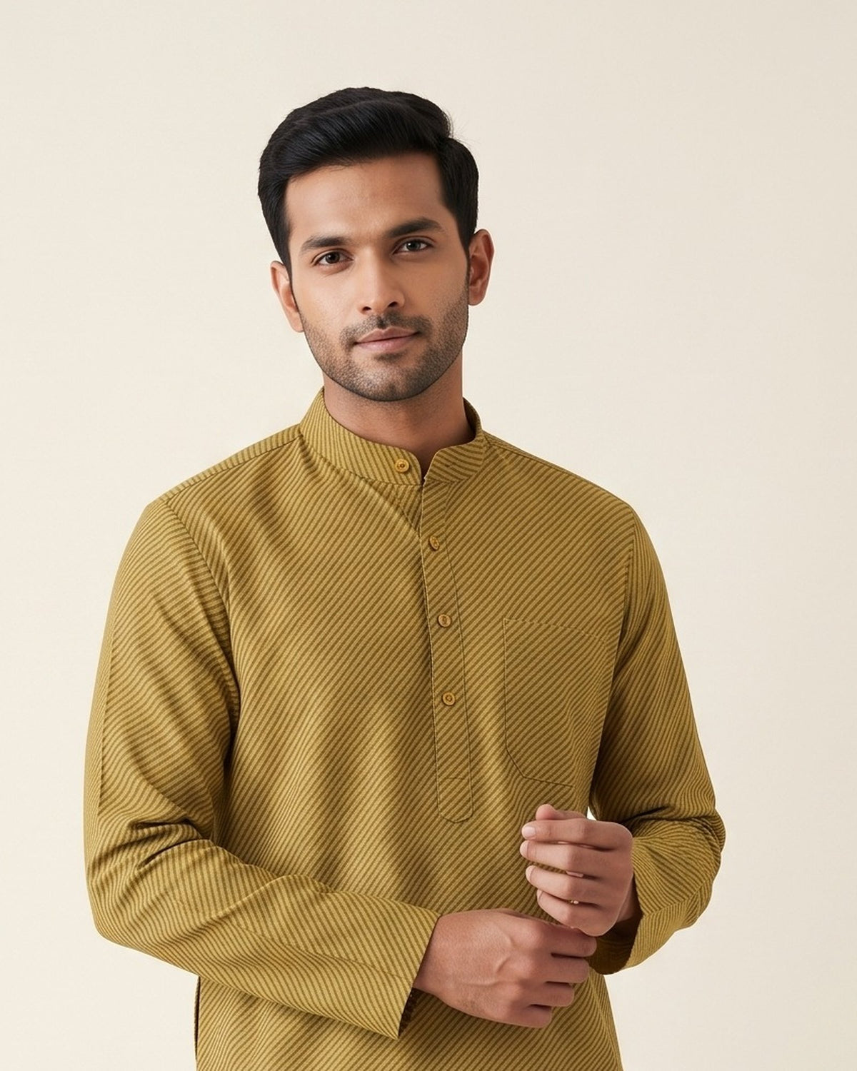 Mustard Olive Pinstripe Kurta Pajama for Men - collar and placket detail