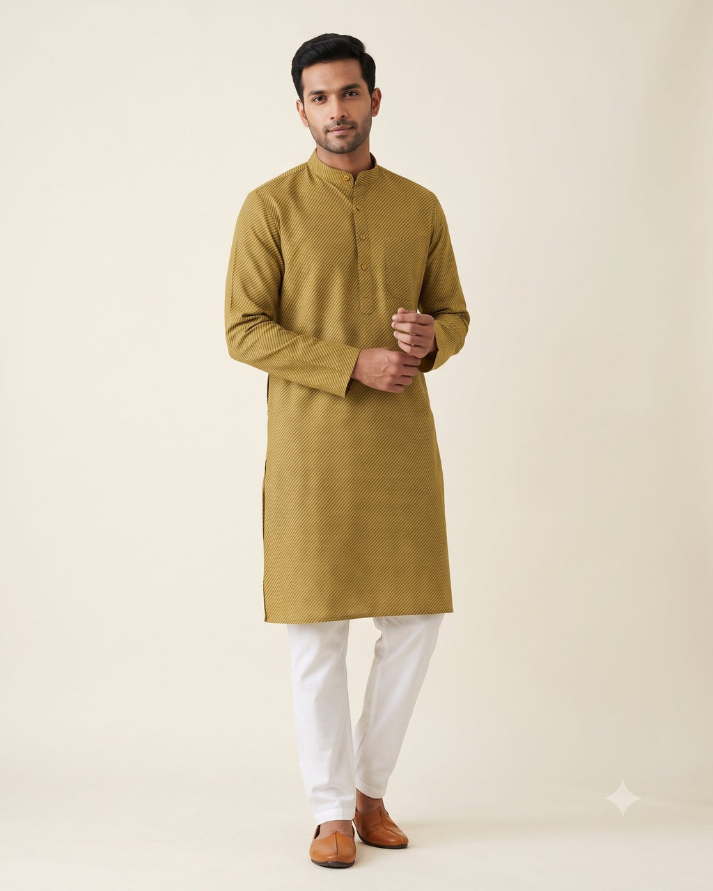 Mustard Olive Pinstripe Kurta Pajama for Men - full length