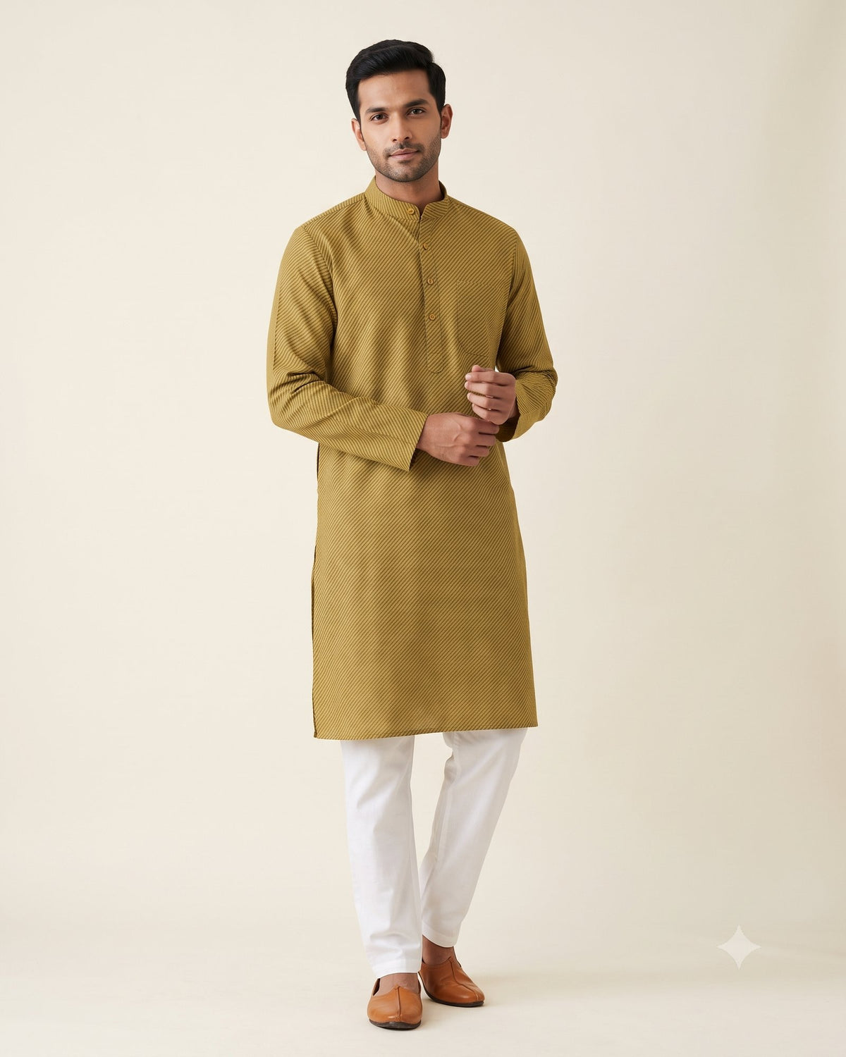 Mustard Olive Pinstripe Kurta Pajama for Men - full length