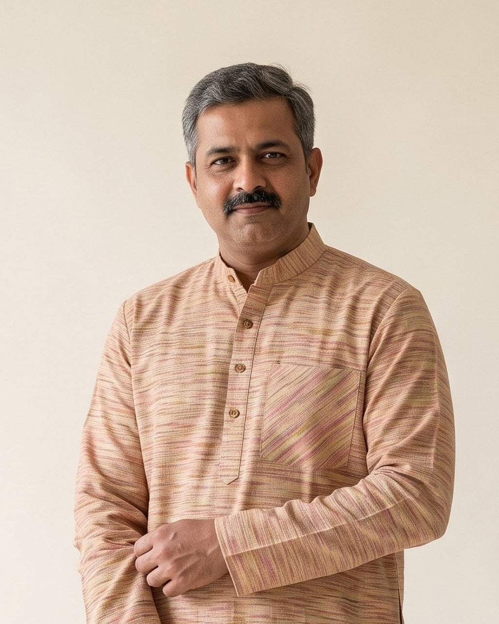 Tan Multicolour Melange Kurta Pajama for Men - collar and placket detail