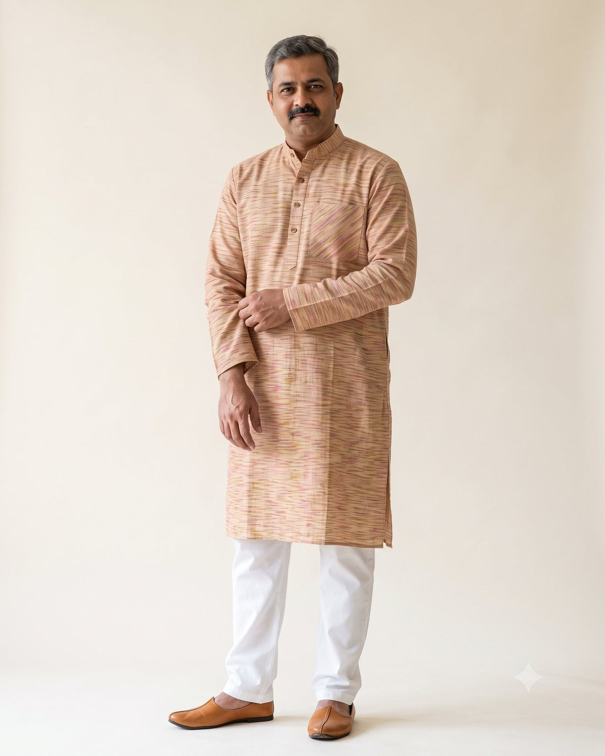 Tan Multicolour Melange Kurta Pajama for Men - full length